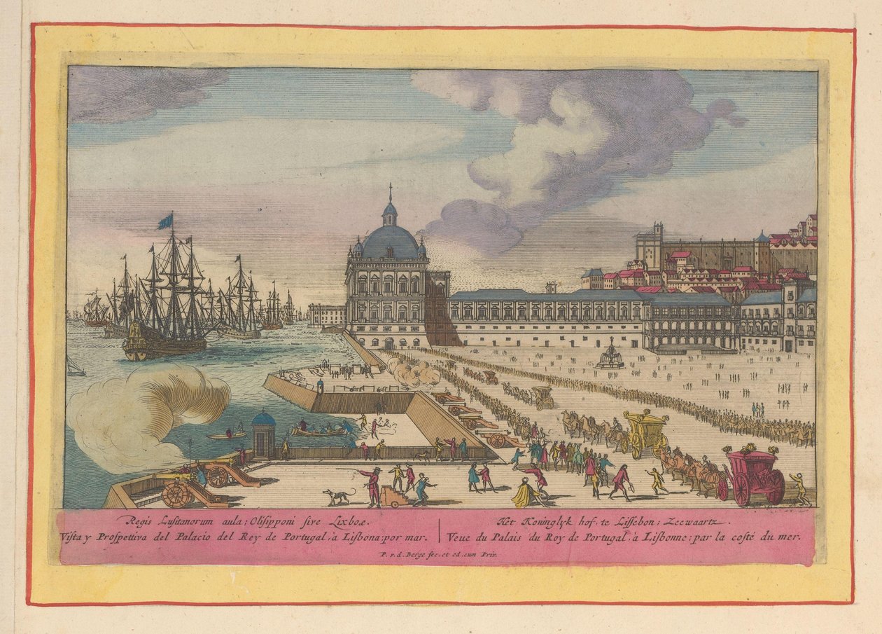 Ansicht des Königlichen Palastes in Lissabon und des Vorplatzes mit Menschen von Pieter van den Berge