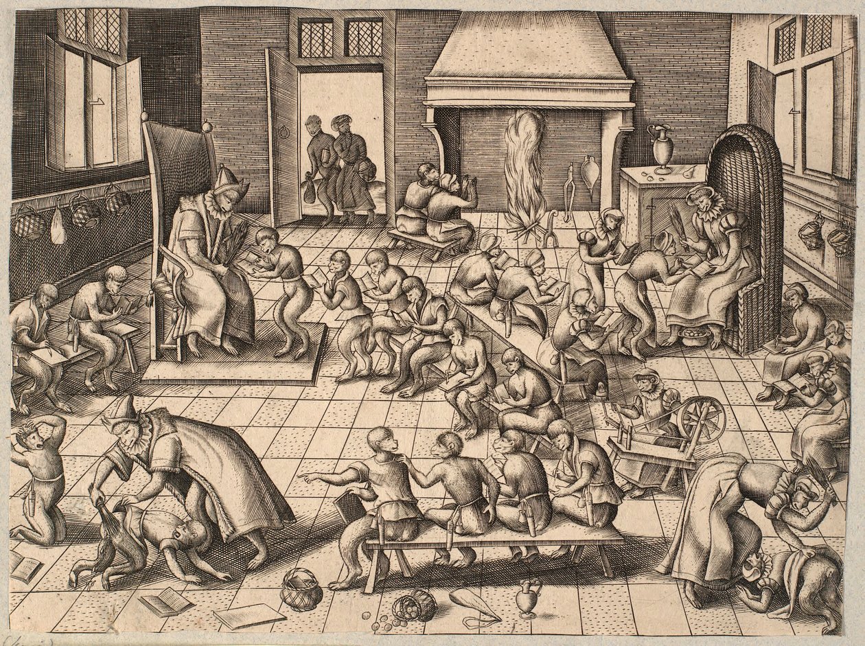 Das Klassenzimmer. Affen, die in einem Klassenzimmer unterrichtet und gezüchtigt werden von Pieter van der Borcht