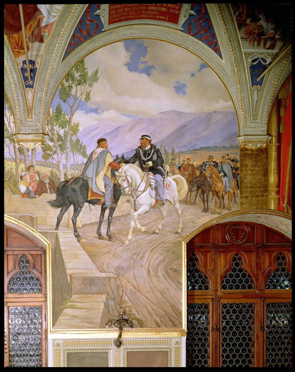 Das Treffen zwischen Giuseppe Garibaldi (1807-82) und König Vittorio Emmanuele II (1820-78) am 26. Oktober 1860 in Teano, Italien, 1886 von Pietro Aldi
