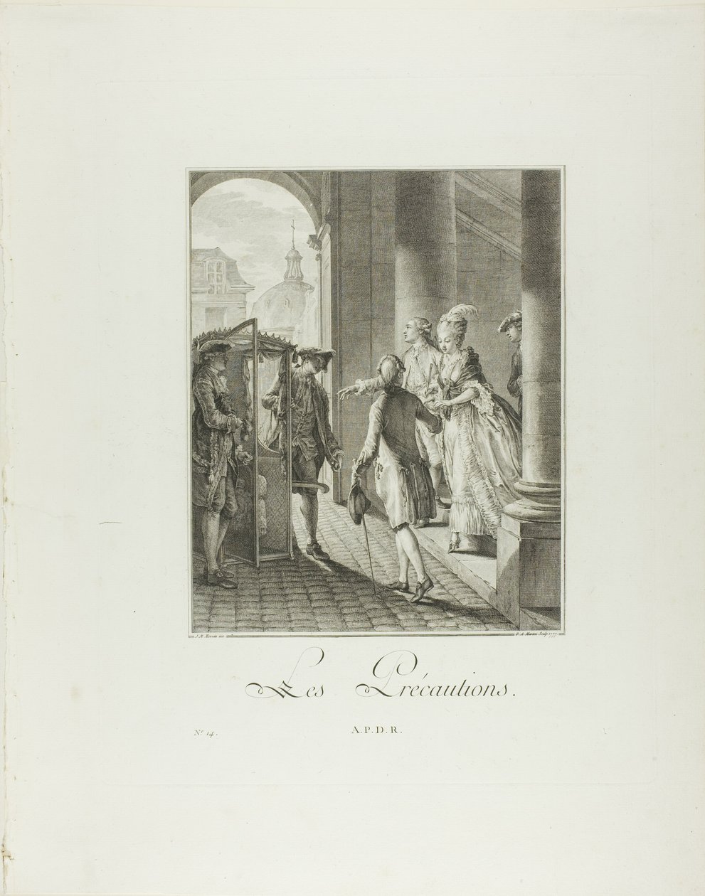 Die Vorsichtsmaßnahmen, aus Monument du Costume Physique et Moral de la fin du Dix-huitième siècle von Pietro Antonio Martini