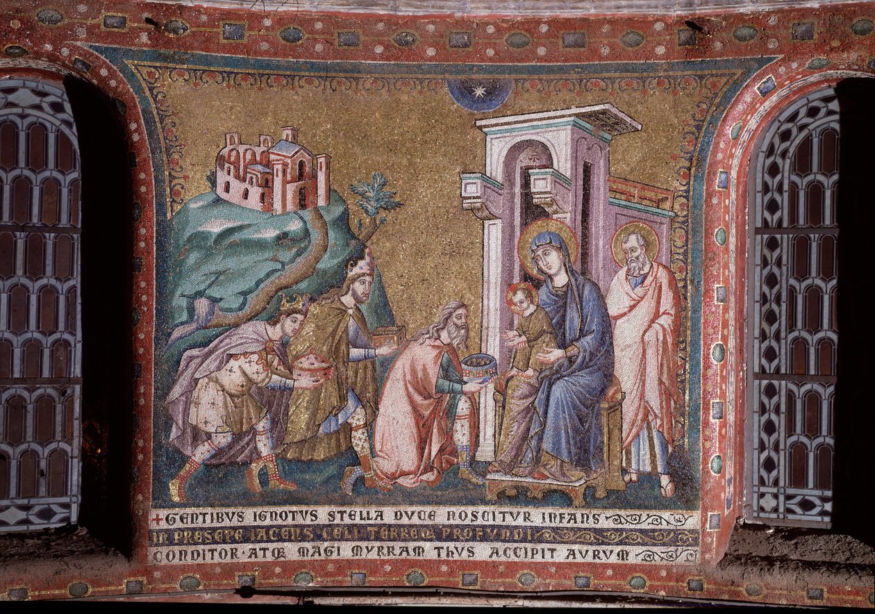 Anbetung der Mosaik-Magi der Apsis von Pietro Cavallini (aktiv um 1273-1330) Ende des 13. Jahrhunderts (Anbetung der Magi, Mosaik aus der Apsis von Pietro Cavallini, Ende des 13. Jahrhunderts) Rom, Kirche Santa Maria in Trastevere Italien von Pietro Cavallini