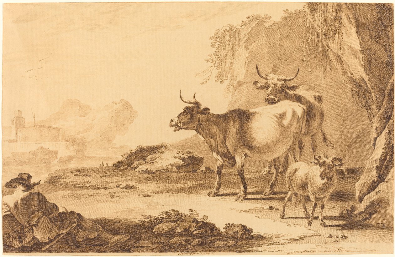 Landschaft mit Vieh, einer Ziege und einem ruhenden Hirten von Pietro Giacomo Palmieri