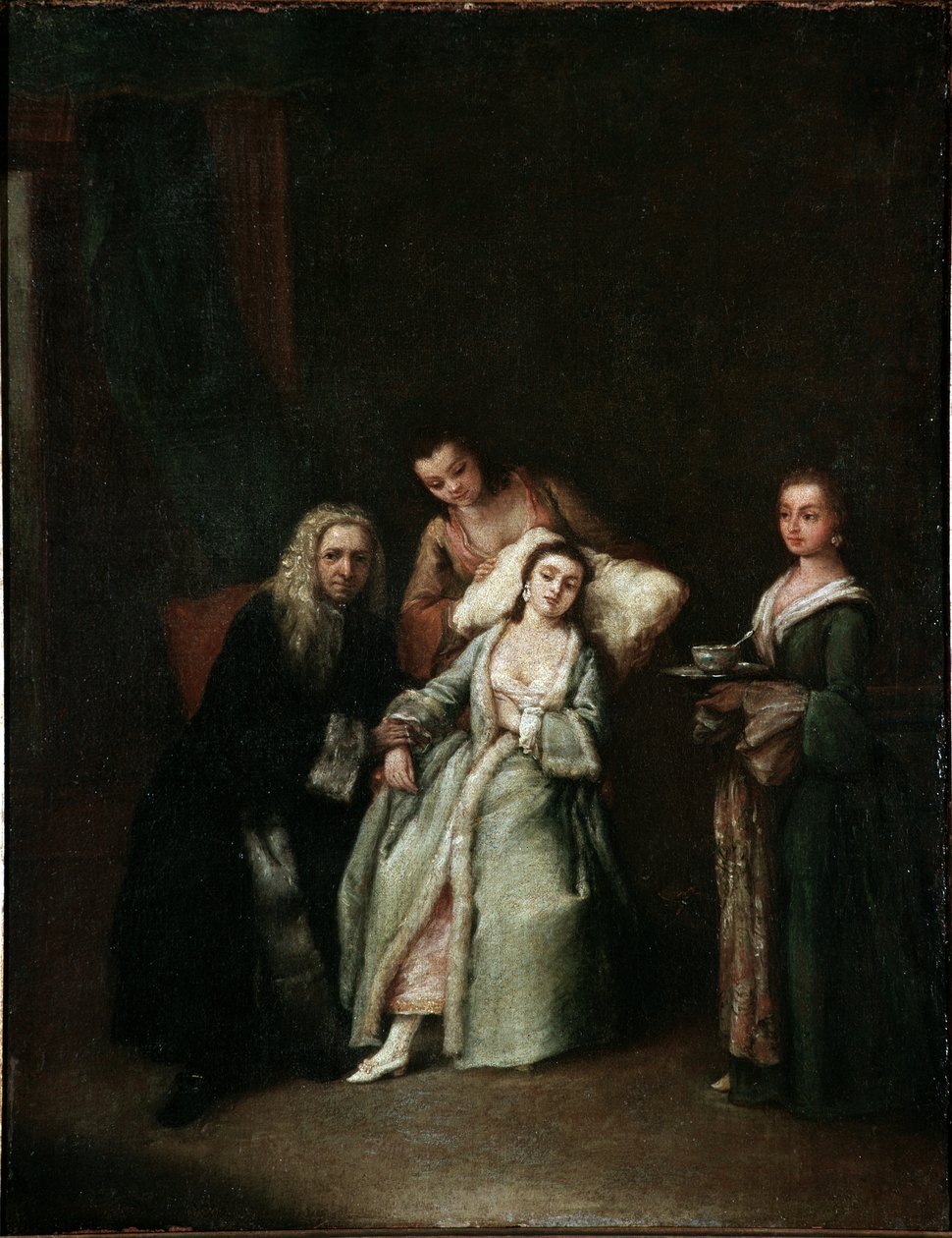 Die kranke Frau. Besuch des Arztes, der den Puls der Kranken misst. Gemälde von Pietro Longhi (1702-1785) 1741. Venedig, Ca