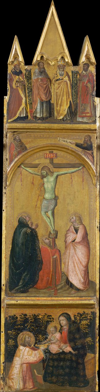 Kreuzigung, Jungfrau und Kind mit einem Diakon von Pietro Lorenzetti