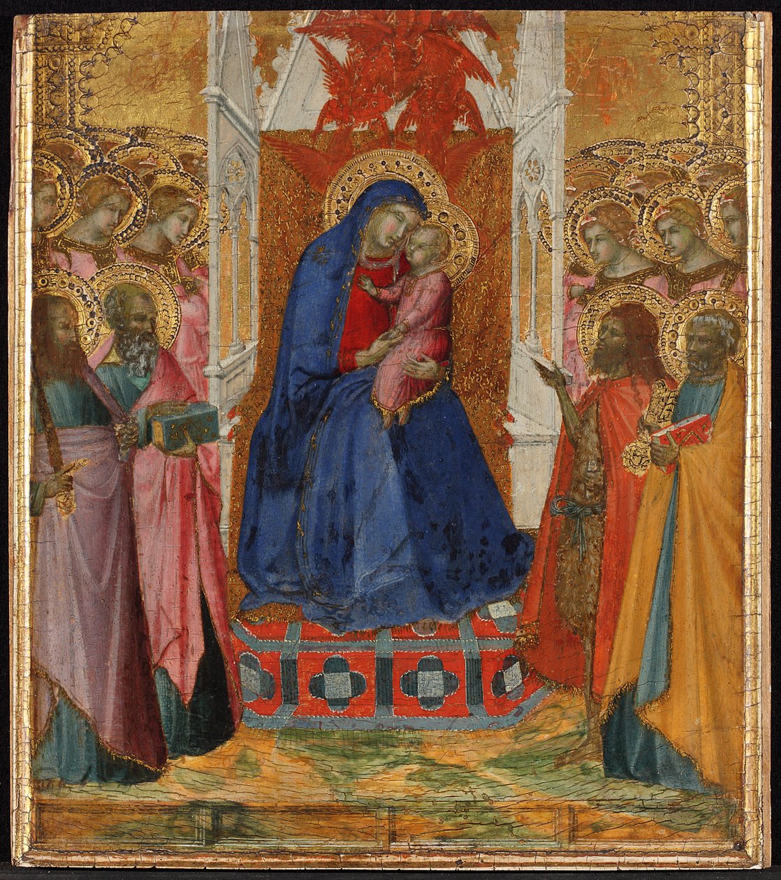 Maria auf dem Thron mit dem Kind, anbetende Engel und Heilige Paulus, Johannes der Evangelist, Johannes der Täufer und Petrus von Pietro Lorenzetti