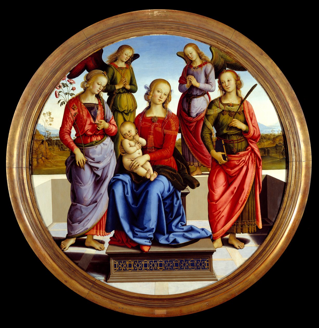 Die Jungfrau und das Kind, umgeben von zwei Engeln, der Heiligen Rose und der Heiligen Katharina. Gemälde von Pietro Vannucci, genannt il Perugino (Der Peruginer) von Pietro Perugino