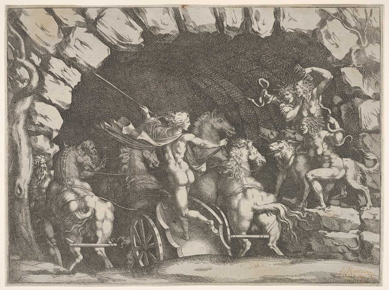 Pluto, von hinten gesehen, betritt die Unterwelt auf seinem Streitwagen, Cerberus und drei Furien..., ca. 1680 von Pietro Santi Bartoli