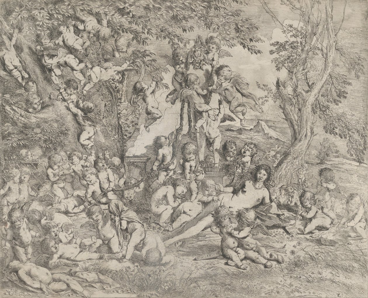 Der Garten der Venus, die in der Mitte vor einer Herm von Pan liegt und umgeben ist von Pietro Testa