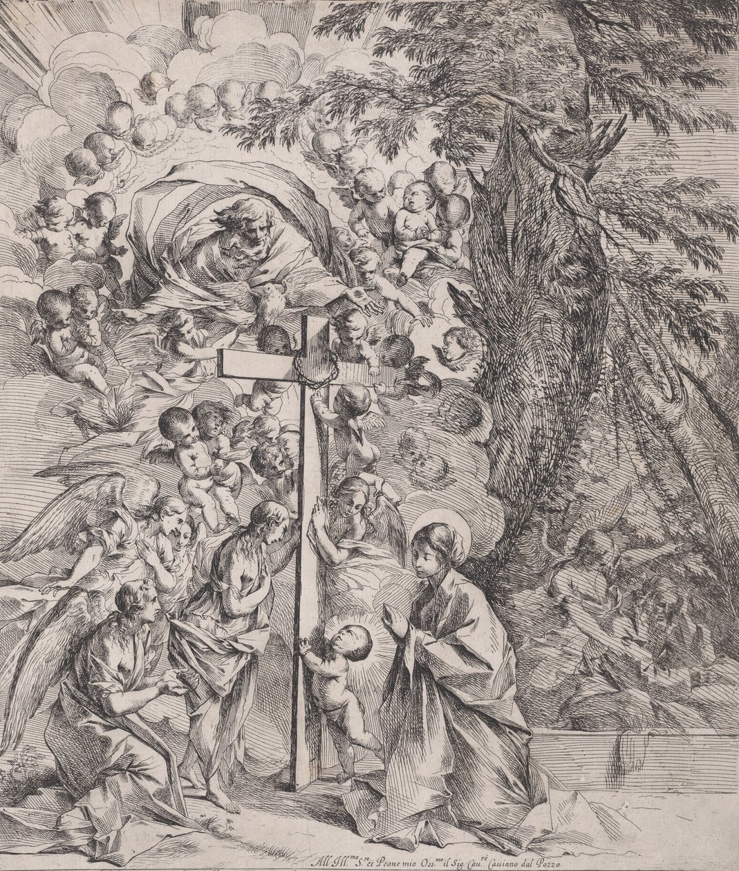 Der Traum des heiligen Joseph, der rechts schläft, die Jungfrau und das Kind bei einem Kreuz von Pietro Testa