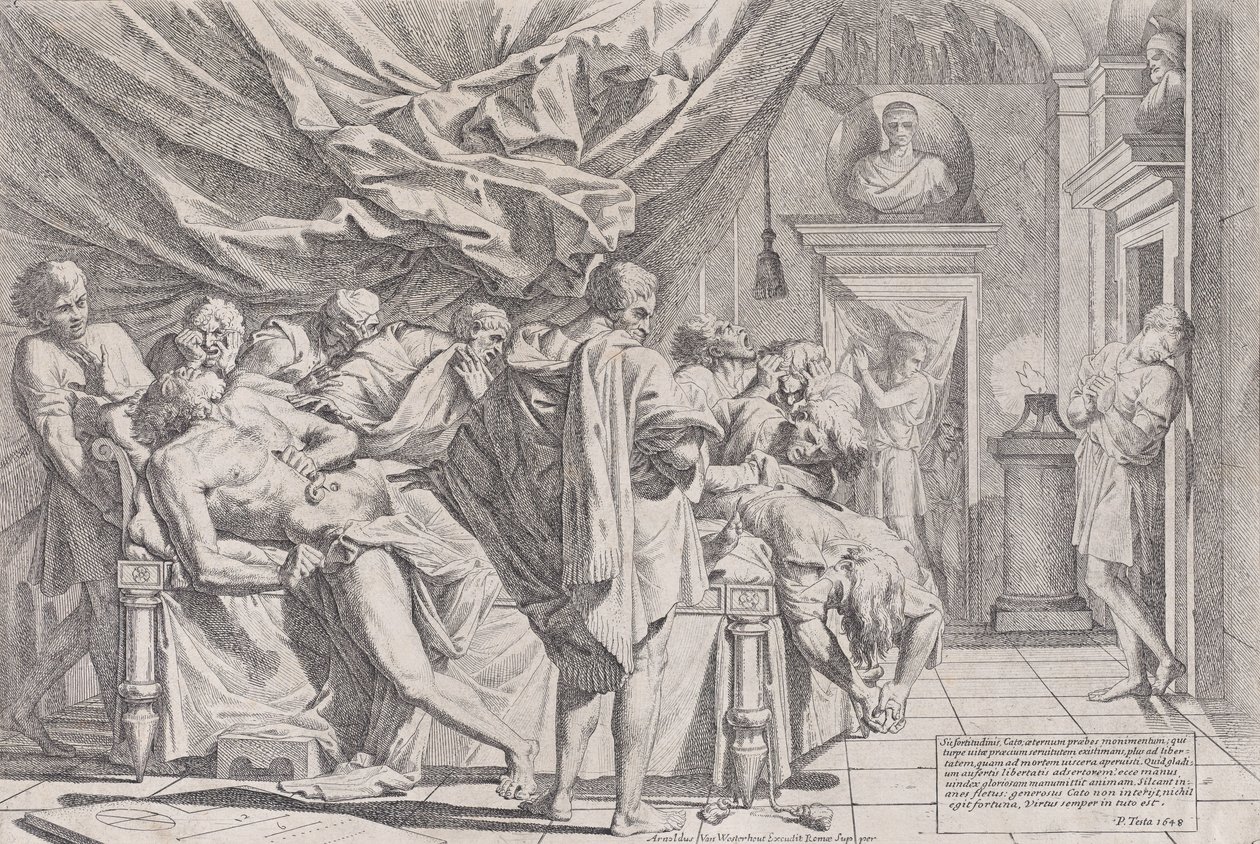 Der Selbstmord des Philosophen Cato, der auf seinem Bett liegt und seine Eingeweide herauszieht, beobachtet von..., 1648 von Pietro Testa