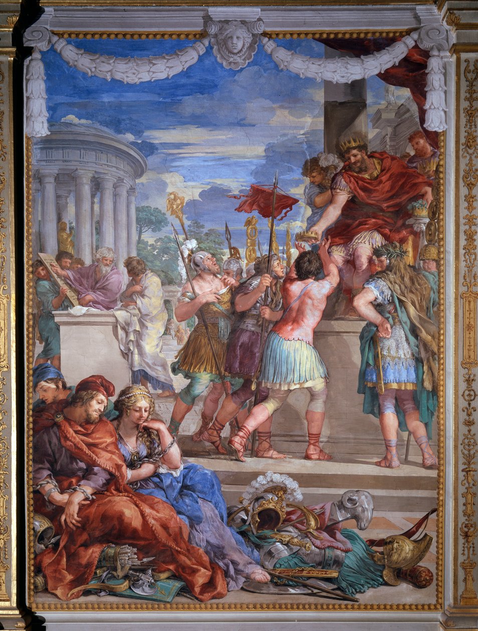 Allegorie der vier Zeitalter, das Bronzezeitalter. Fresko von Pietro da Cortona (1637), Salle du Poele, Palatinische Galerie, Palazzo Pitti, Florenz von Pietro da Cortona