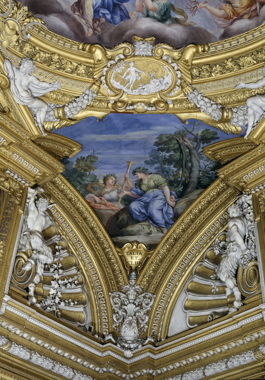 Die Sala di Apollo (Detail des Pendentifs mit den Musen Thalia und Clio) von Pietro da Cortona