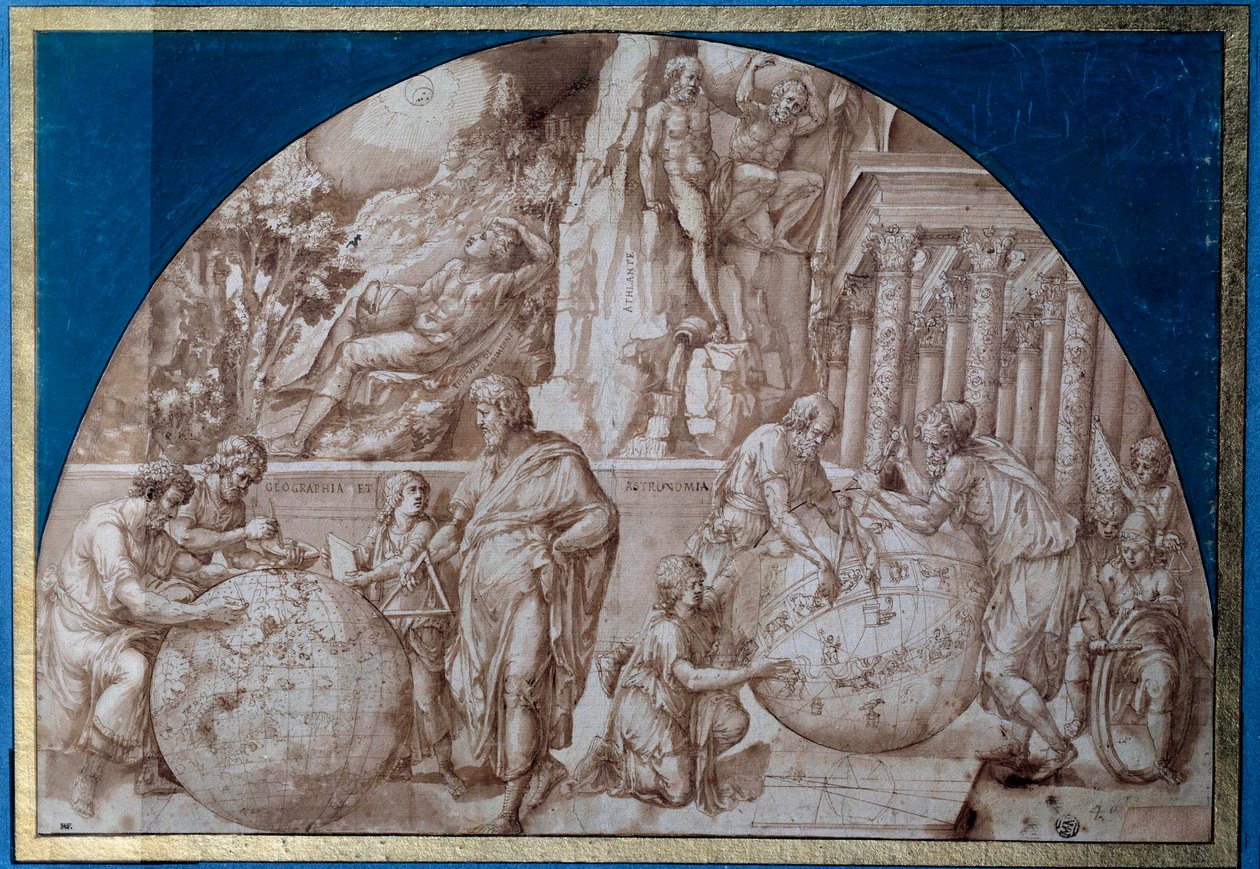 Astronomie-Allegorie. Wissenschaftler nehmen Messungen an Erdgloben vor. Zeichnung mit brauner Tinte von Pirro Ligorio (ca. 1500-1583) 16. Jahrhundert Paris, Louvre Museum von Pirro Ligorio