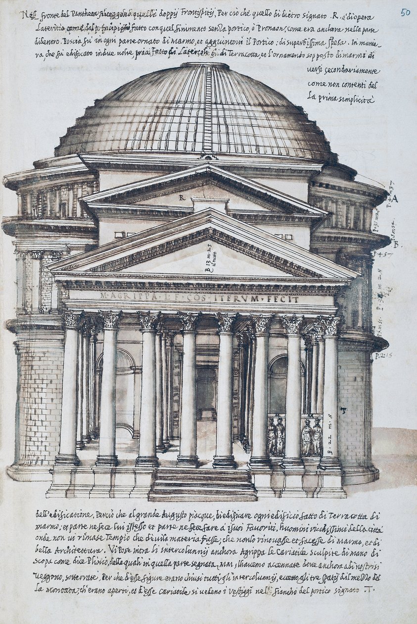 Ansicht des Pantheon in Rom, Zeichnung aus Band XIII der XXX Libri delle Antichita (Bücher der Antiquitäten) von Pirro Ligorio