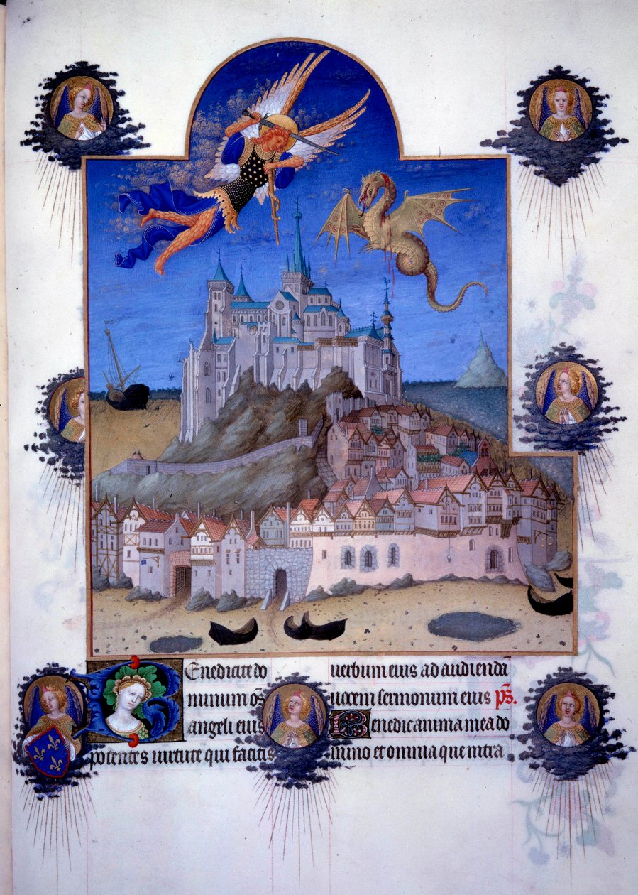 Ansicht von Mont Saint Michel: Der Erzengel Michael und der Drachenflügel kämpfen in der Luft von Pol de Limbourg