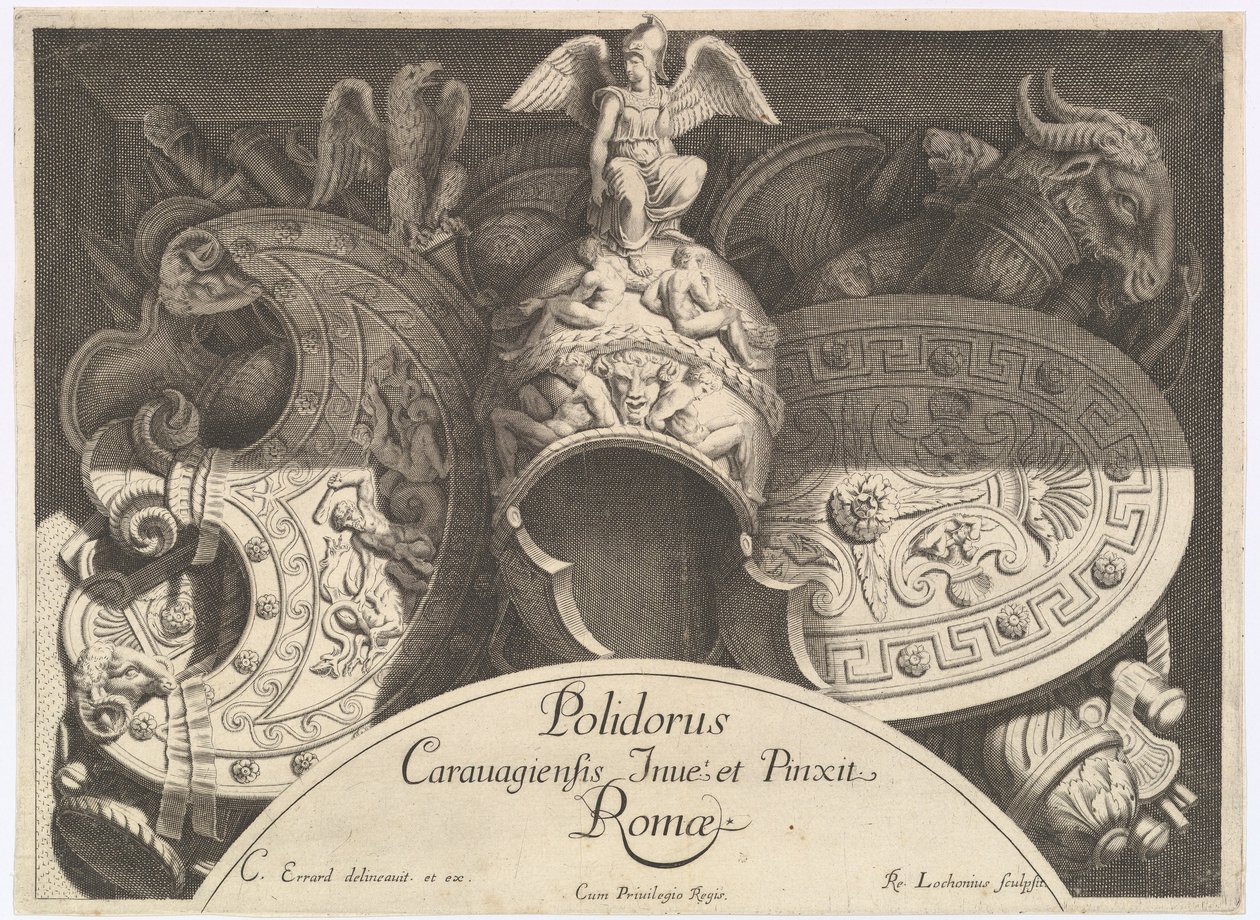 Diverse Trophäen nach der Fassade des Palazzo Milesi in Rom, 1651 von Polidoro da Caravaggio