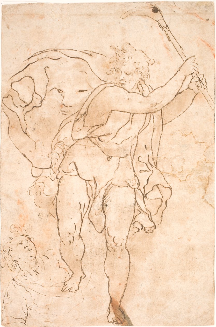 Mann schwingt eine Hacke. Mit flatterndem Umhang, auf dem summarische Gesichtszüge. Zu seinen Füßen der Oberkörper eines jungen Mannes. von Polidoro da Caravaggio