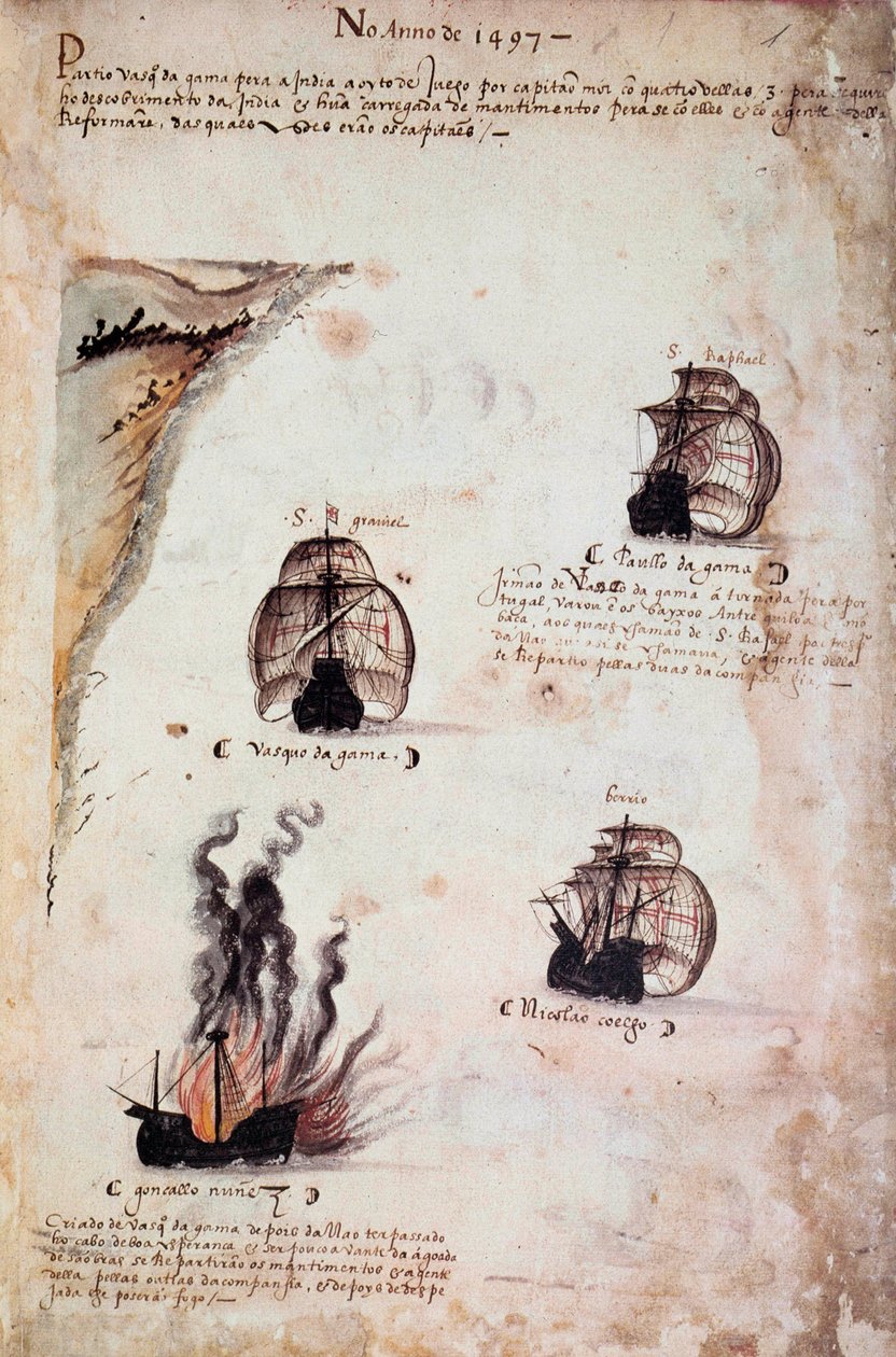 Manuskriptseite „Denkwürdigkeiten der Armadas von Portugal unter König Manuel I. (1469-1521)“, die die portugiesischen Flotten des Jahres 1497 darstellen von Portuguese School