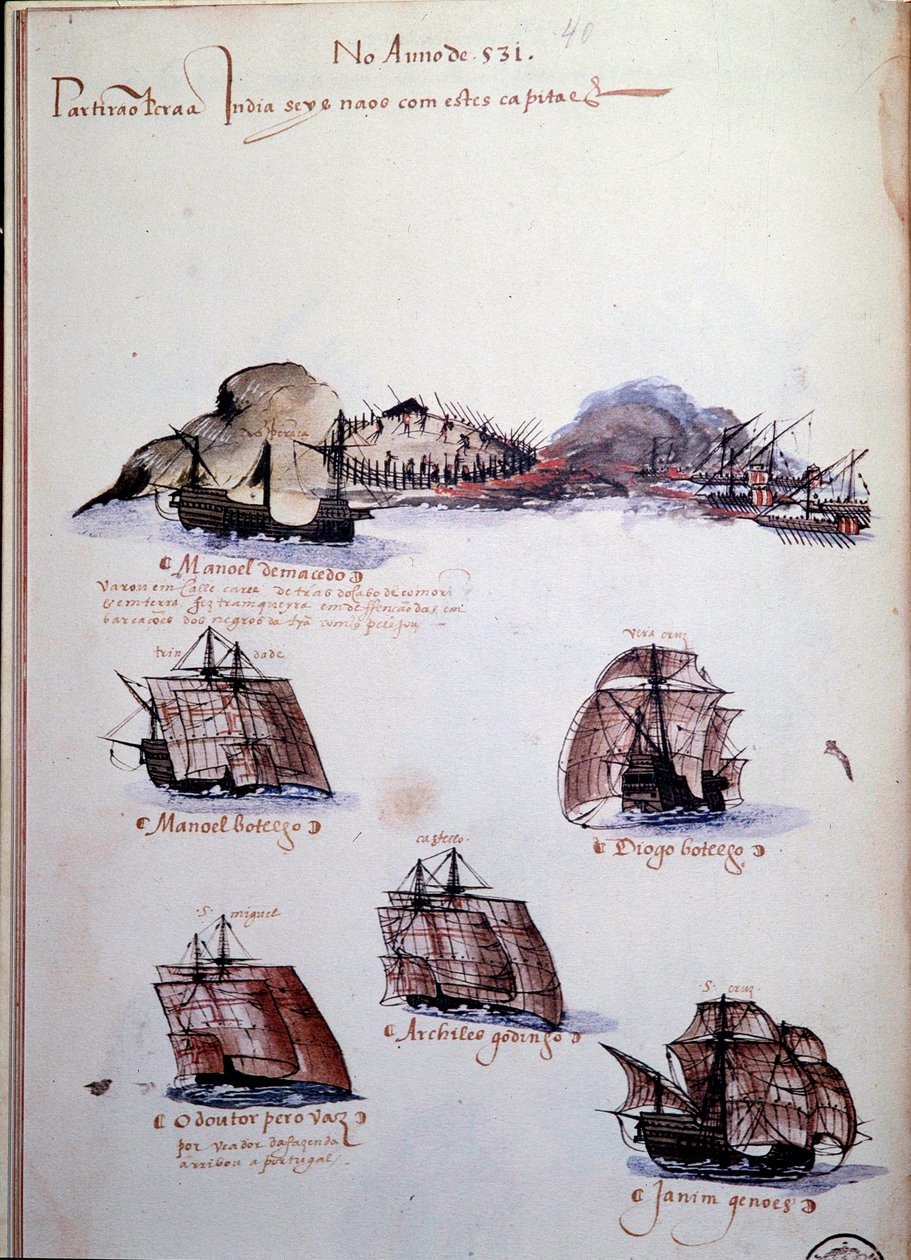 Manuskriptseite „Erinnerungen an die Armadas von Portugal unter König Manuel I.“ (darstellend die portugiesischen Flotten des Jahres 1497) von Portuguese School