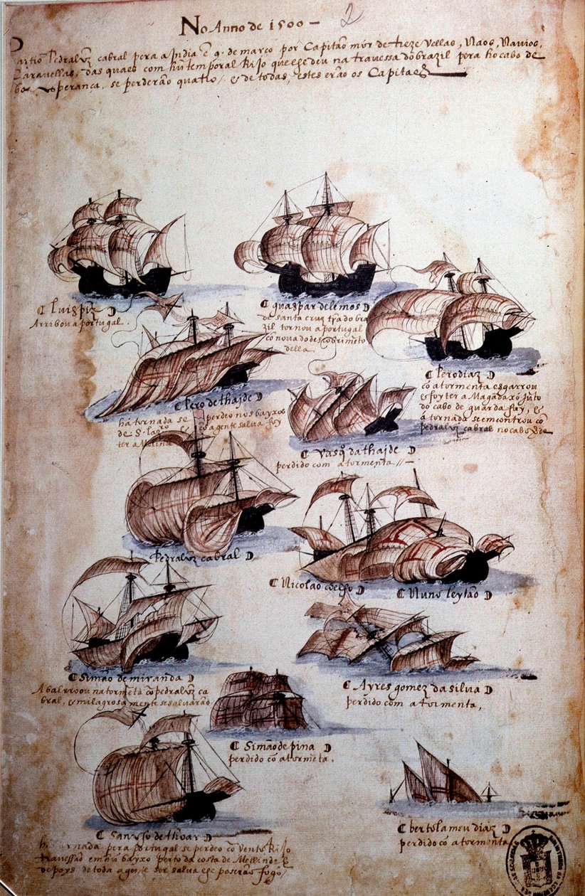 Manuskriptseite: Erinnerungen an die Armada von Portugal unter König Manuel I. von Portuguese School