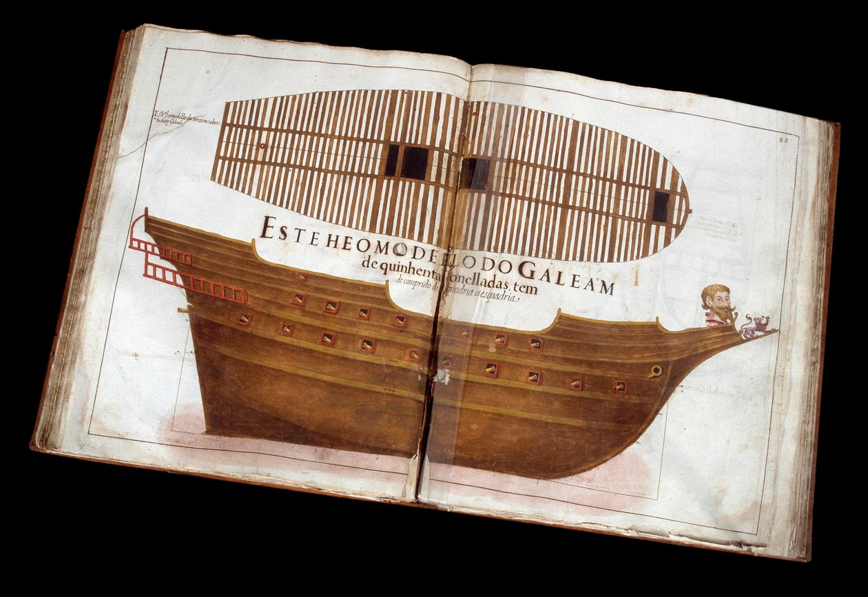 Schiffbau: Seite aus dem architektonischen Traktat (Livro de Tracas de Carpintaria) von Manuel Fernandez von Portuguese School