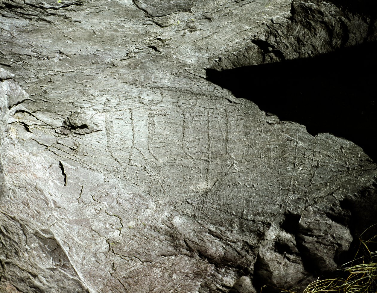 Urgeschichte, Felskunst: Gravuren von zwei Paaren Ochsen, die einen Wagen ziehen. Kupferzeit. Eneolithikum (Chalkolithikum). Roche Nr. 2. Cemmo (Brescia) Parco archeologico nazionale dei Massi di Cemmo, Italien von Prehistoric Prehistoric