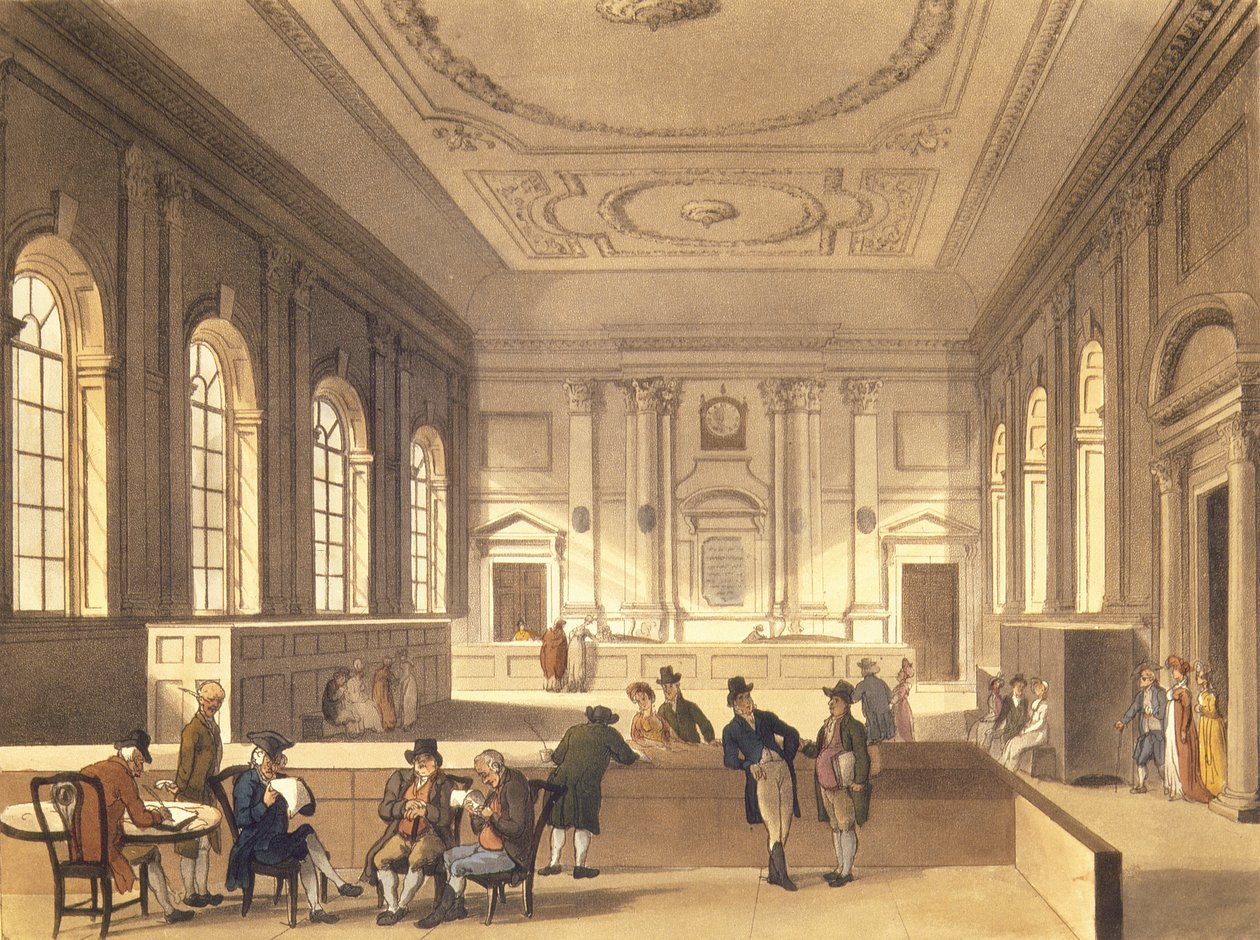 Dividendensaal im South Sea House, veröffentlicht von R. Ackermann, 1810 von Pugin and Rowlandson