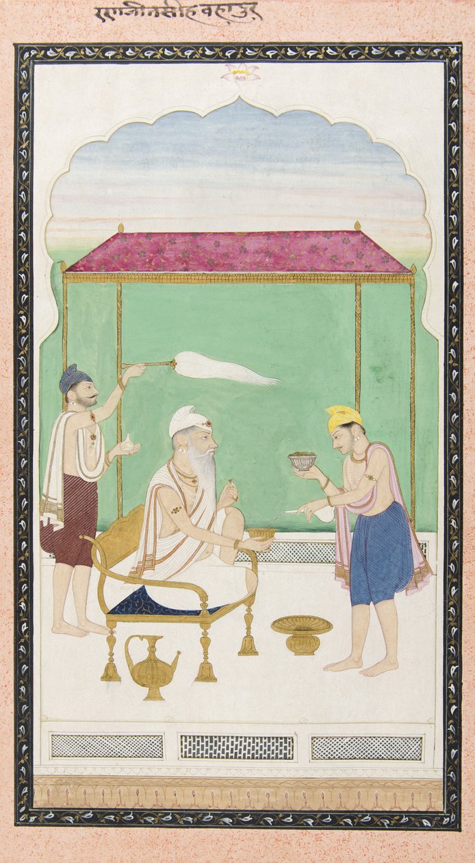 Ranjit Singh auf einem goldenen Stuhl, begleitet von einem Morchal-Träger von Punjabi School