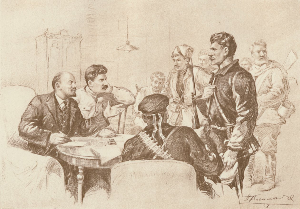 Lenin und Stalin sprechen zu den Rotgardisten im Smolny, 1917, 1939 von Pyotr Vasilyev