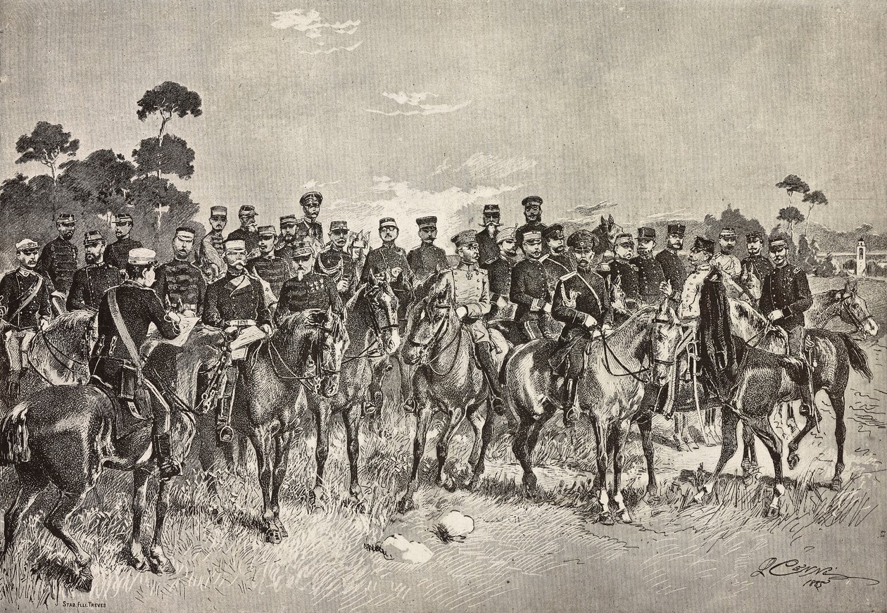 Offiziere ausländischer Armeen besuchen italienische Soldaten in der Lombardei, Italien, Gravur nach einer Zeichnung von Quinto Cenni, aus L