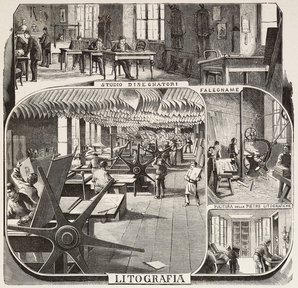 Fratelli Treves Verlag: Zeichnerstudie, Tischlerei, Reinigung von Lithografiesteinen, Lithografie, Mailand, Italien, Gravur nach einer Zeichnung von Quinto Cenni, aus L