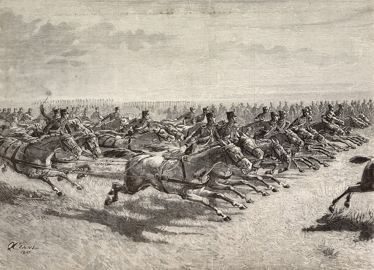 Pferdeartillerie der italienischen Armee im vollen Galopp, Lombardei, Italien, Gravur nach einer Zeichnung von Quinto Cenni, aus L
