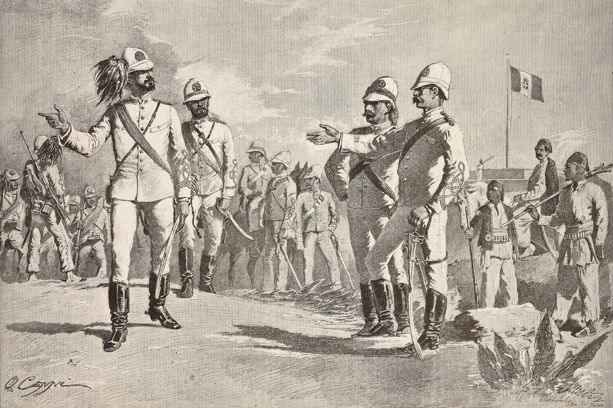 Italienische und einheimische Soldaten in Uniformen der italienischen Armee in Afrika, Massawa, Eritrea, Gravur nach einer Zeichnung von Quinto Cenni, aus L
