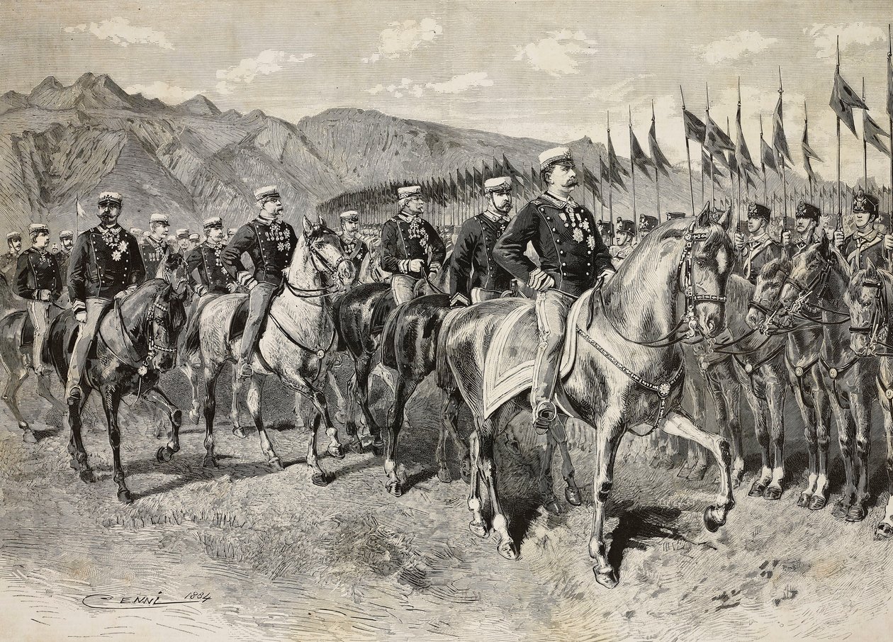 König Umberto I. inspiziert die Florentiner Lanzenreiter, mit General Martin di Montu hinter ihm, 28. September, Kavallerieübungen in Pordenone, Italien (Stich) von Quinto Cenni