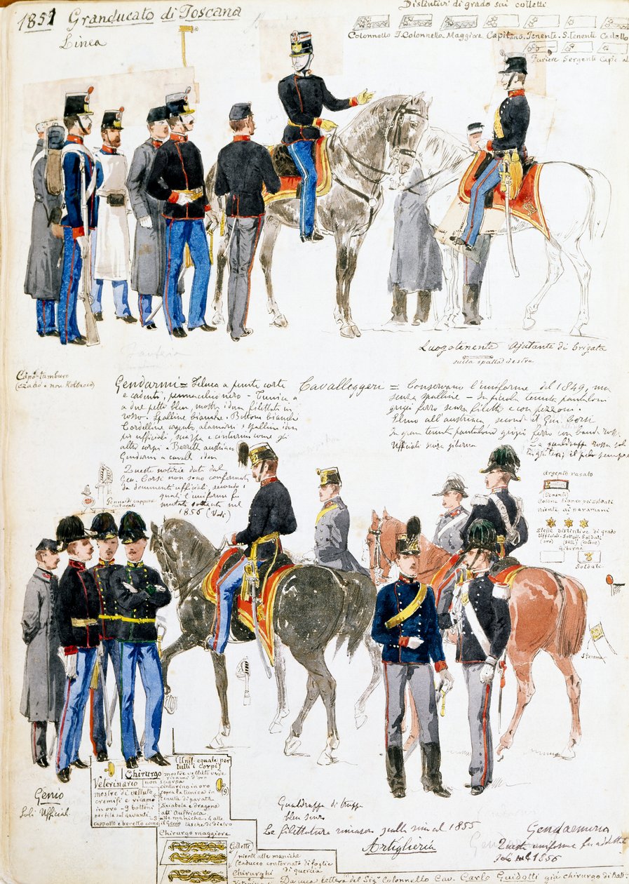 Uniformen des Großherzogtums Toskana im Jahr 1851, Platte aus dem Cenni-Kodex, Sammlung militärischer Skizzen von Quinto Cenni (1845-1917) von Quinto Cenni