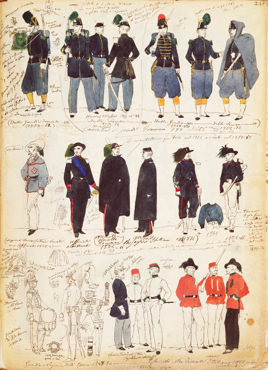Verschiedene italienische Uniformen, die zwischen 1847 und 1870 gebräuchlich waren, von Quinto Cenni, Farbtafel von Quinto Cenni