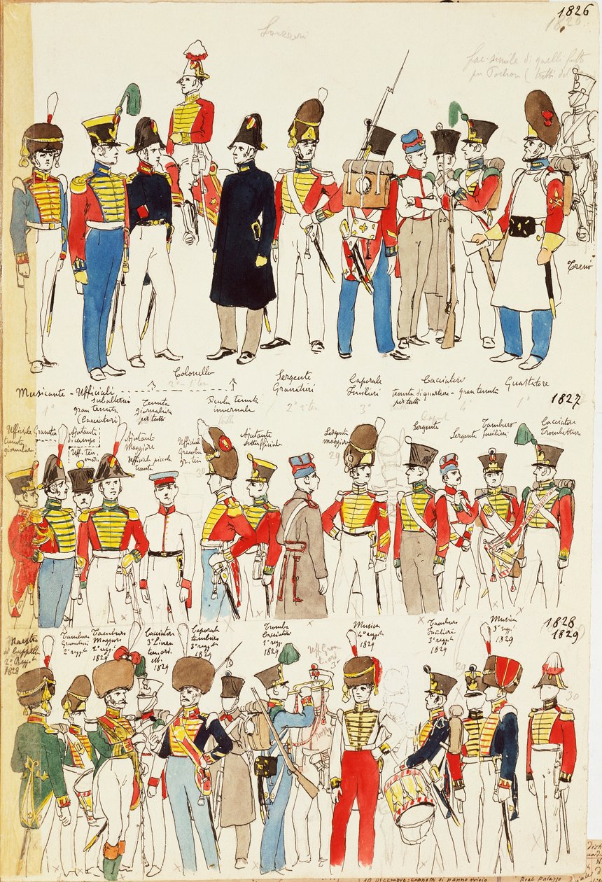 Verschiedene Uniformen von 1826 bis 1829, Farbtafel von Cenni Quinto von Quinto Cenni