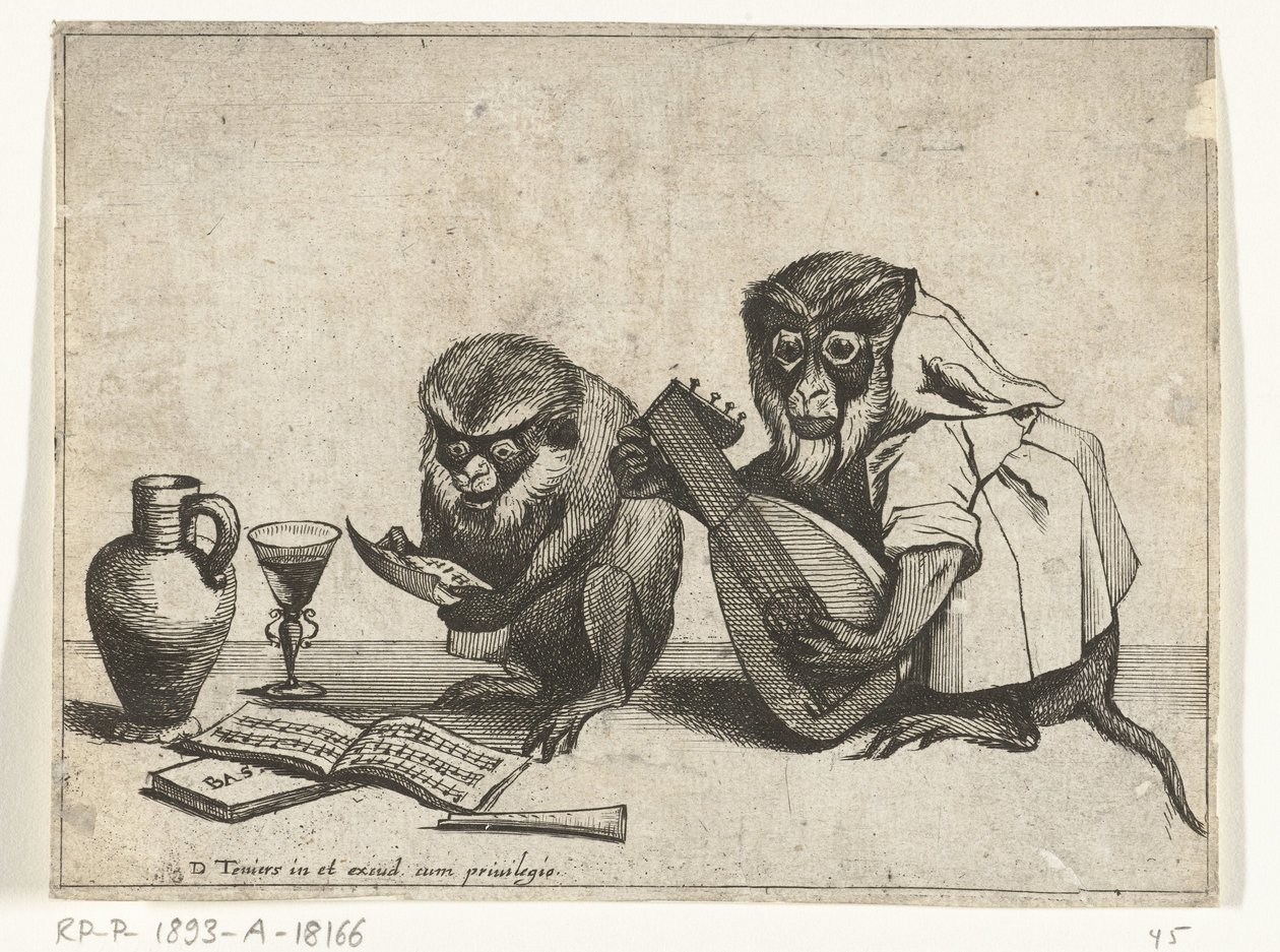 Zwei Affen machen Musik (Verschiedene Tätigkeiten des menschlichen Lebens von Affen dargestellt) von Quirin Boel