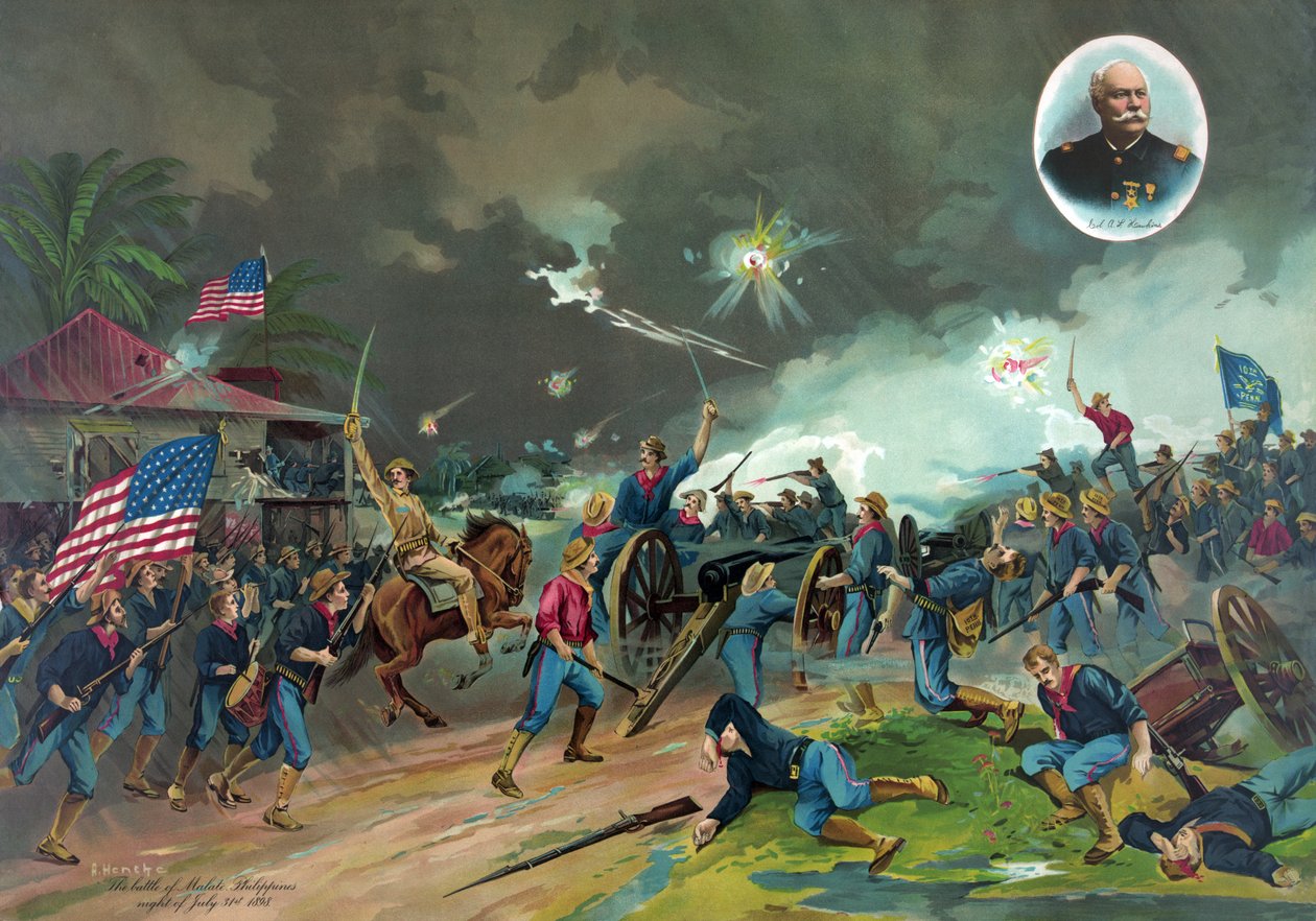 Die Schlacht von Malate, Philippinen, Nacht des 31. Juli 1898 (Chromolithographie) von R. Hencke