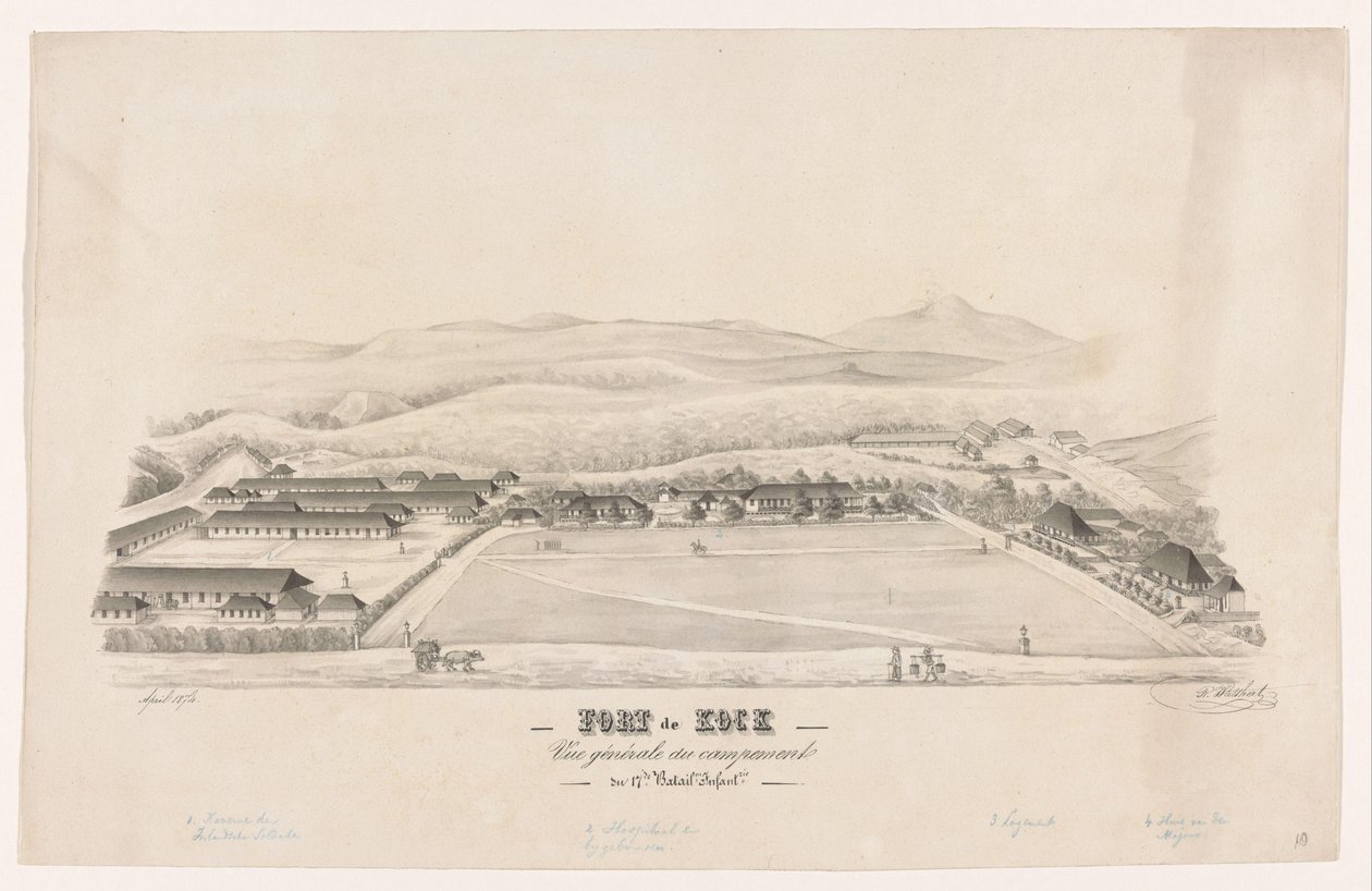 Ansicht von Fort de Kock Fort de Kock / Gesamtansicht des Lagers / des 17. Bataillons Infanterie von R. Walthert (signed by artist)