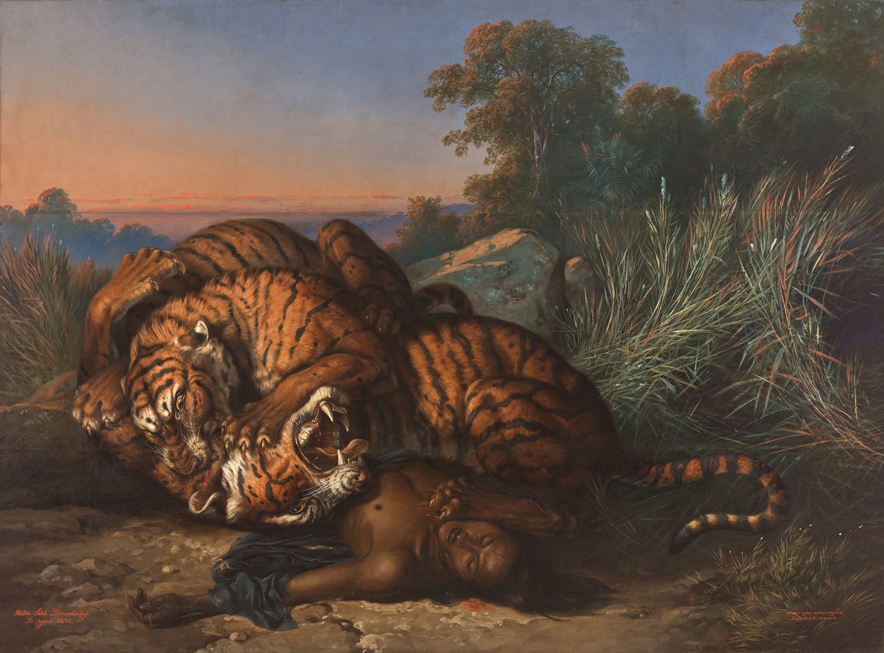 Kämpfende Tiger über der Leiche eines Javaners von Raden Ben Jaggia Saleh Syarif Bustaman