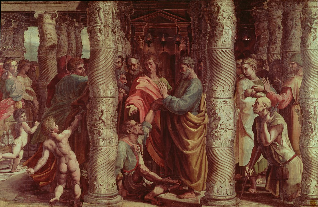 Die Heilung des Lahmen (Kartone für die Sixtinische Kapelle) (vor der Restaurierung) von Raffaello Sanzio Raphael