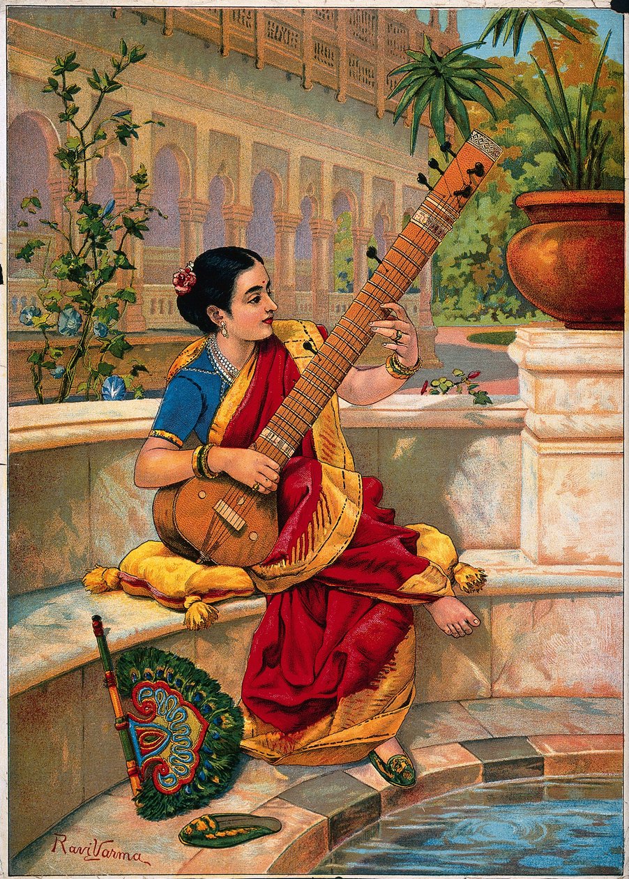 Eine sitzende indische Frau spielt Sitar neben einem Gartenteich von Raja Ravi Varma