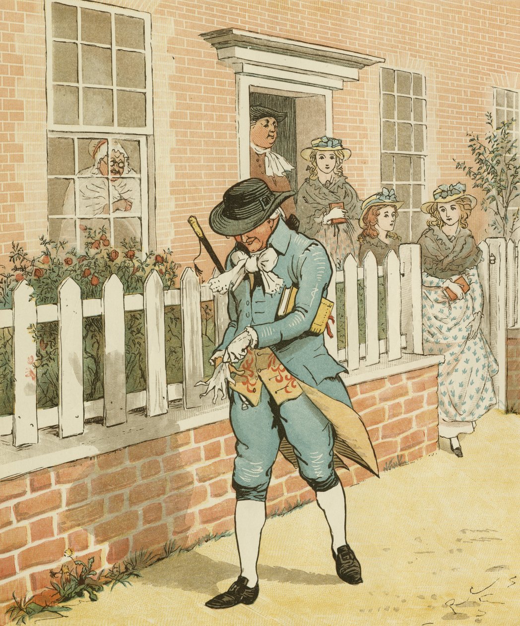 Eine Elegie auf den Tod eines verrückten Hundes von Oliver Goldsmith: Der gute Mann von Islington auf dem Weg zur Kirche von Randolph Caldecott