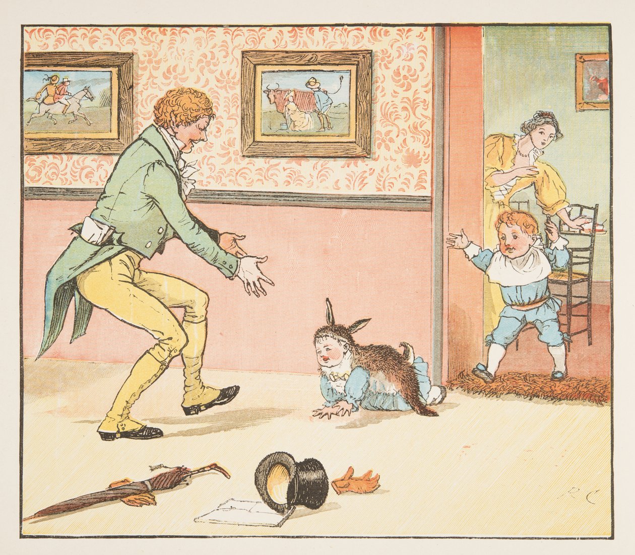 Baby Bunting in Kaninchenfell gewickelt, aus The Hey Diddle Diddle Picture Book, veröffentlicht 1882 von Randolph Caldecott