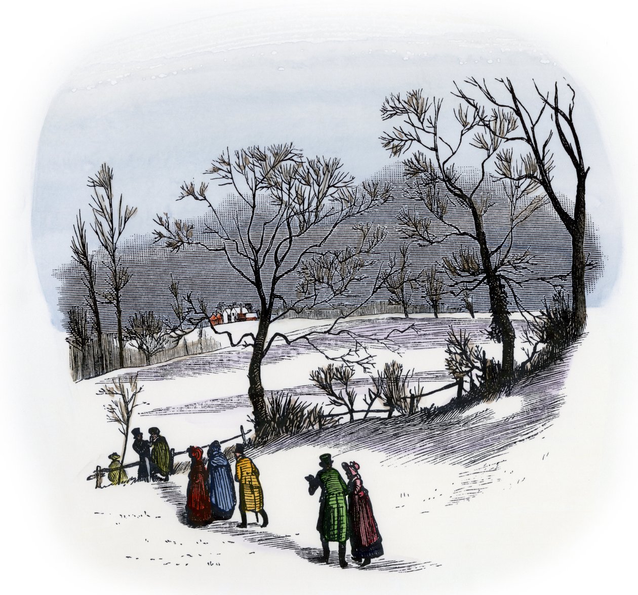 Alltagsleben, England: Bewohner des Landes gehen zu einer Weihnachtsfeier auf einem nahegelegenen Bauernhof um 1800. Farbige Gravur, basierend auf einer Illustration von Randolph Caldecott von Randolph Caldecott