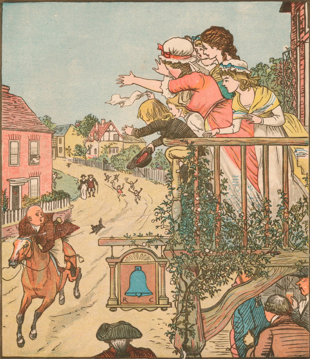 John Gilpin galoppiert am Bell Inn vorbei, während seine Frau und Kinder vom Balkon winken, 1878, um 1918 von Randolph Caldecott