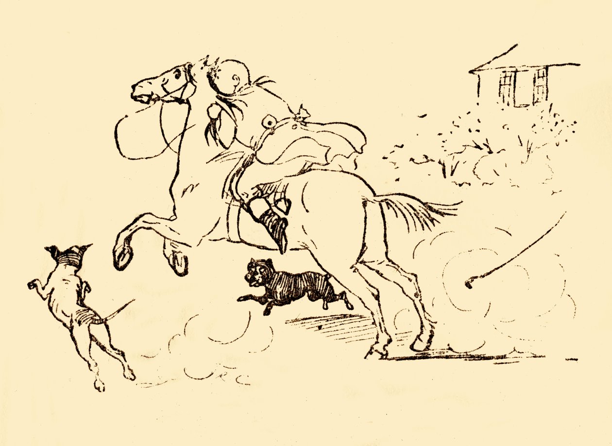 John Gilpin wird von Hunden gejagt, während sein Pferd außer Kontrolle gerät, 1878, um 1918 von Randolph Caldecott