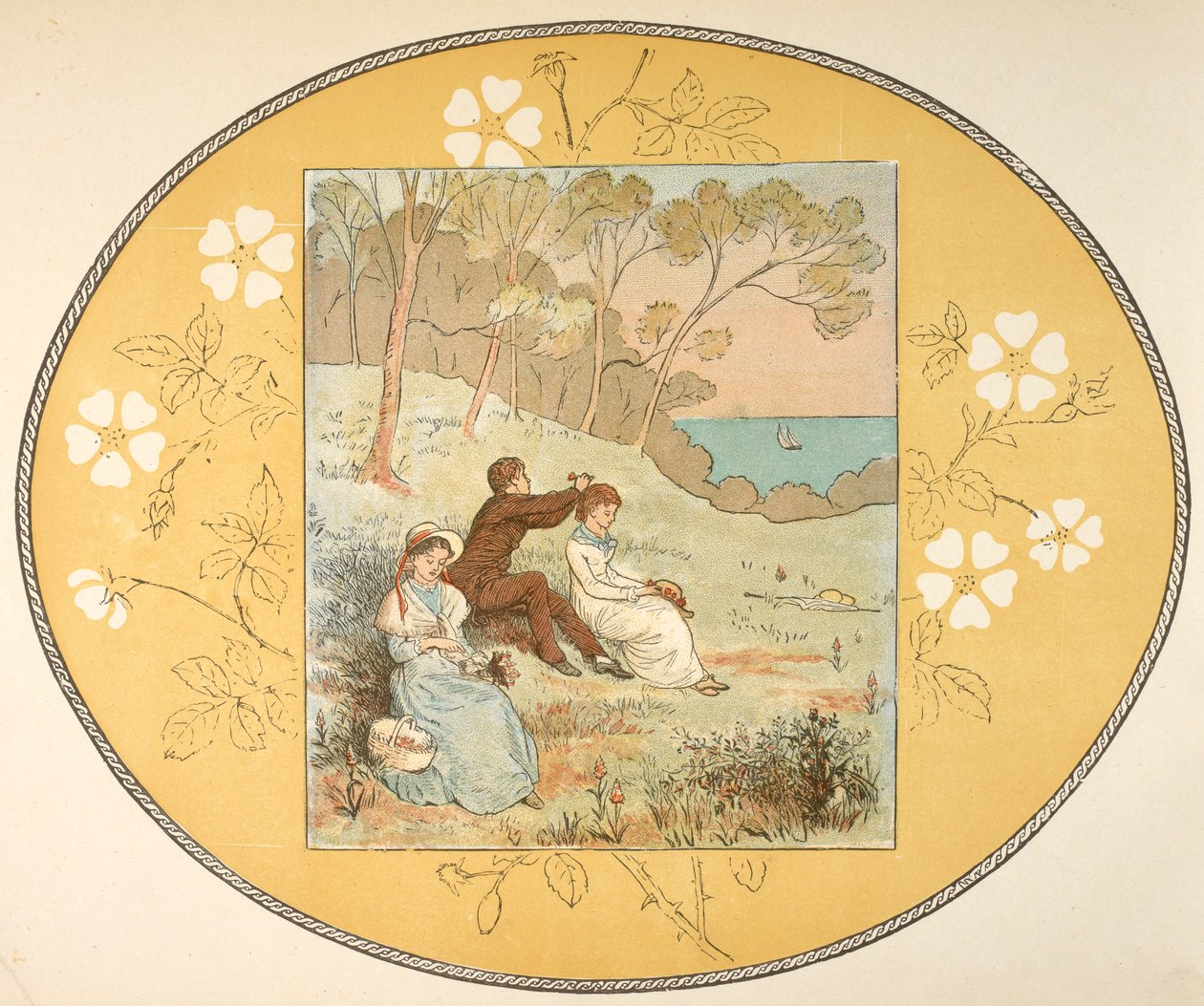 Zwei Frauen und ein Mann sitzen in einer Lichtung nahe der Küste. Floraler Rand. von Randolph Caldecott