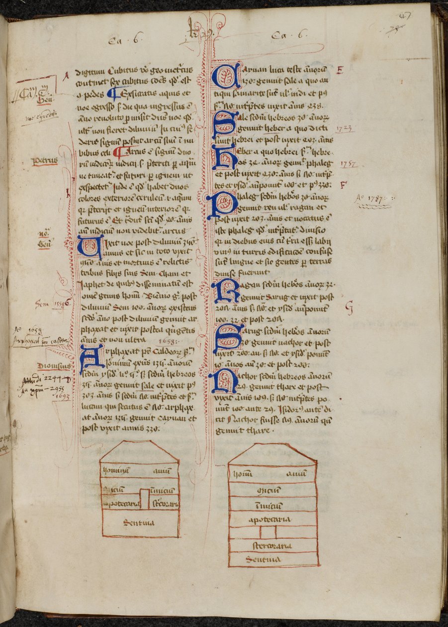 Tuschzeichnungen von Noahs Arche und verzierte Initialen mit Federverzierungen, Mitte des 15. Jahrhunderts von Ranulf Higden